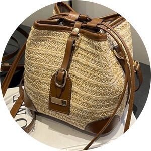 NEW! Bucket Crossbody Bag PU Stitching Woven Straw Shoulder Bag!